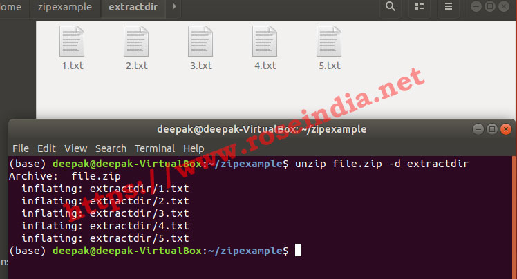 Unzip example in Linux and Ubuntu
