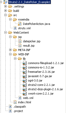 Datepicker example in struts2.2.1 framework.