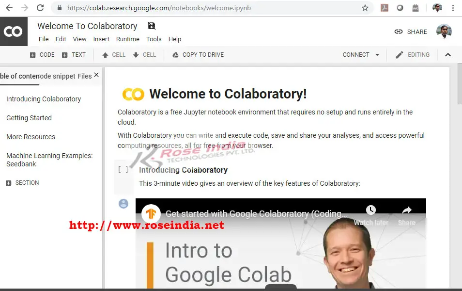 Home page of Google Collab