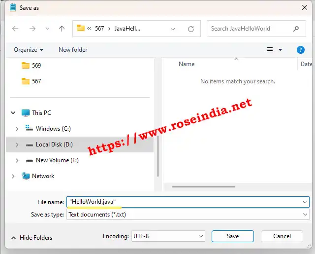 Save hello world java file in notepad